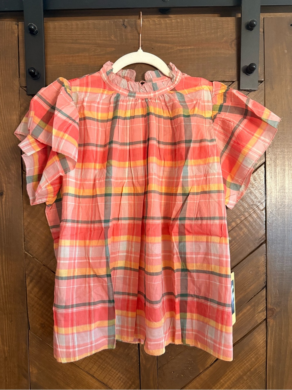 Trovata Plaid Ruffle Sleeve Top - Coral Pink